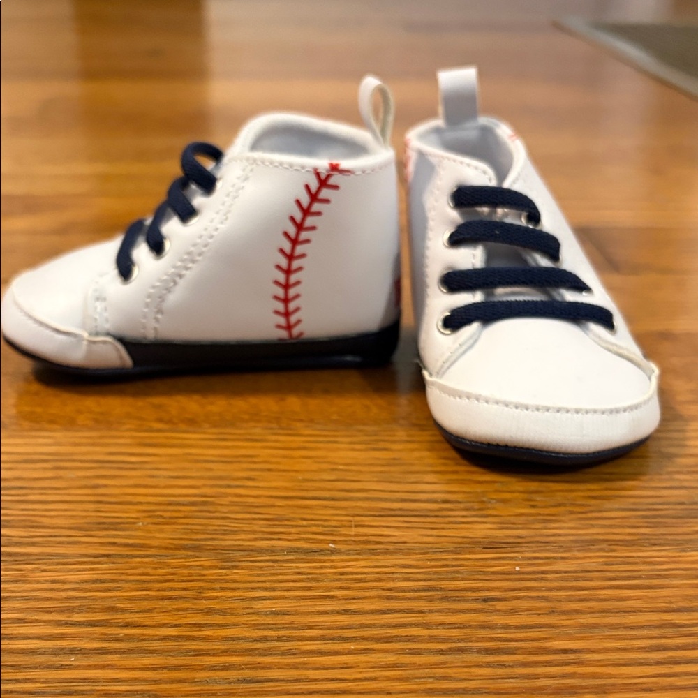child of mine White Baby Sneakers with Navy Laces and Red Stitching